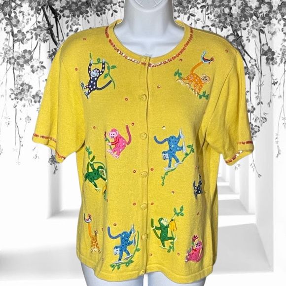 Just B Tops - Just B Yellow Sweater Women Large Monkey Business Sequin Beaded Top